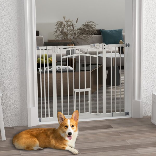 PawHut Stair Dog Gate with Cat Door, Pressure Fit, Auto Close, Double Lock, 74-100cm Openings, White Aosom UK