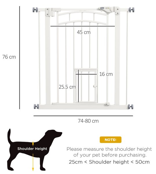 PawHut Safety Pet Gate, Pressure Fit Stair Gate with Cat Door, Auto Close, Double Lock, 74-80cm, White Aosom UK