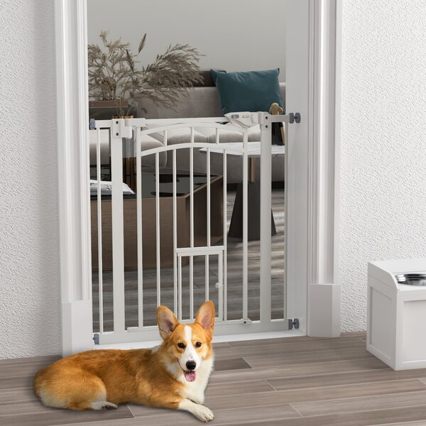 PawHut Safety Pet Gate, Pressure Fit Stair Gate with Cat Door, Auto Close, Double Lock, 74-80cm, White Aosom UK