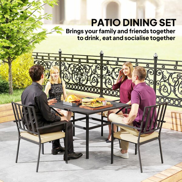 Outsunny 5-Piece Outdoor Dining Set with Cushions, Metal Table & 4 Stackable Chairs, Umbrella Hole, Black Aosom UK