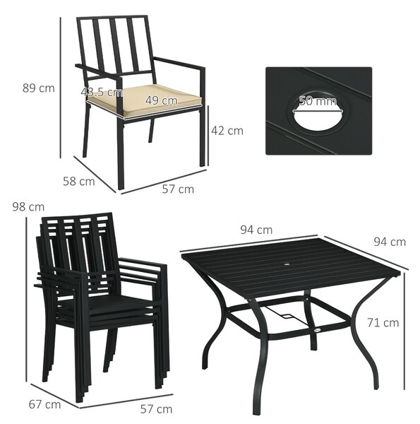 Outsunny 5-Piece Outdoor Dining Set with Cushions, Metal Table & 4 Stackable Chairs, Umbrella Hole, Black Aosom UK