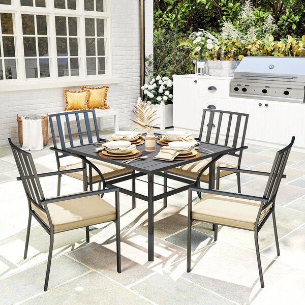 Outsunny 5-Piece Outdoor Dining Set with Cushions, Metal Table & 4 Stackable Chairs, Umbrella Hole, Black Aosom UK