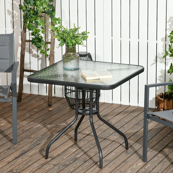 Outsunny Bistro Patio Table, Square Tempered Glass Top Dining Table, Steel Frame Outdoor Coffee Table with Umbrella Hole Aosom UK