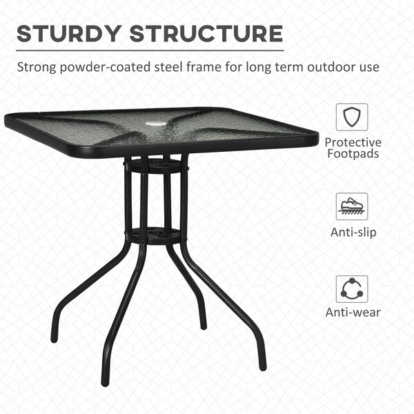 Outsunny Bistro Patio Table, Square Tempered Glass Top Dining Table, Steel Frame Outdoor Coffee Table with Umbrella Hole Aosom UK