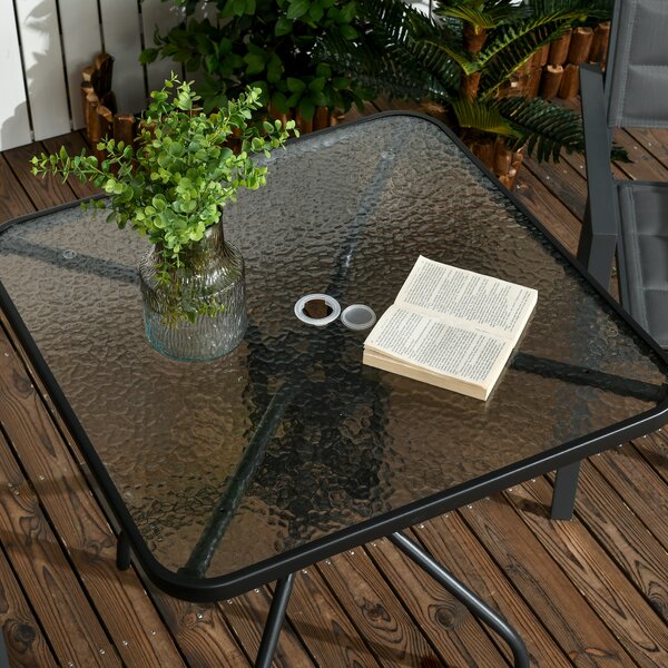 Outsunny Bistro Patio Table, Square Tempered Glass Top Dining Table, Steel Frame Outdoor Coffee Table with Umbrella Hole Aosom UK
