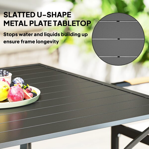 Outsunny 94x94cm Outdoor Dining Table, 4 Seater Garden Table with Parasol Hole, Slatted Metal Top, Weather Resistant Patio Table for Outdoor Use, Dark Grey Aosom UK