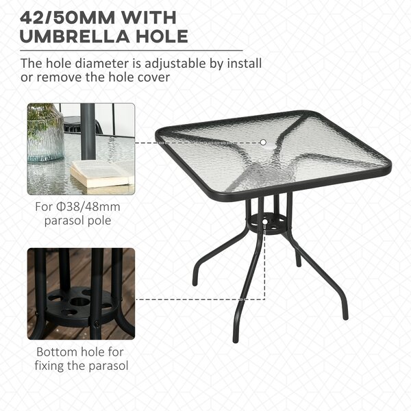 Outsunny Bistro Patio Table, Square Tempered Glass Top Dining Table, Steel Frame Outdoor Coffee Table with Umbrella Hole Aosom UK