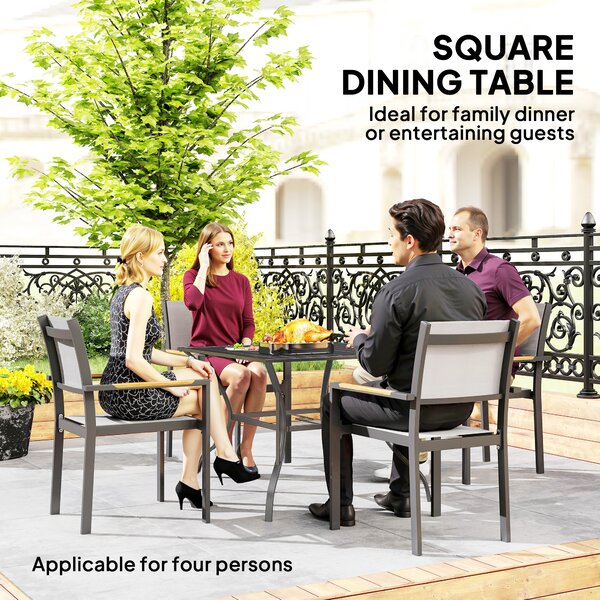 Outsunny 94x94cm Outdoor Dining Table, 4 Seater Garden Table with Parasol Hole, Slatted Metal Top, Weather Resistant Patio Table for Outdoor Use, Dark Grey Aosom UK