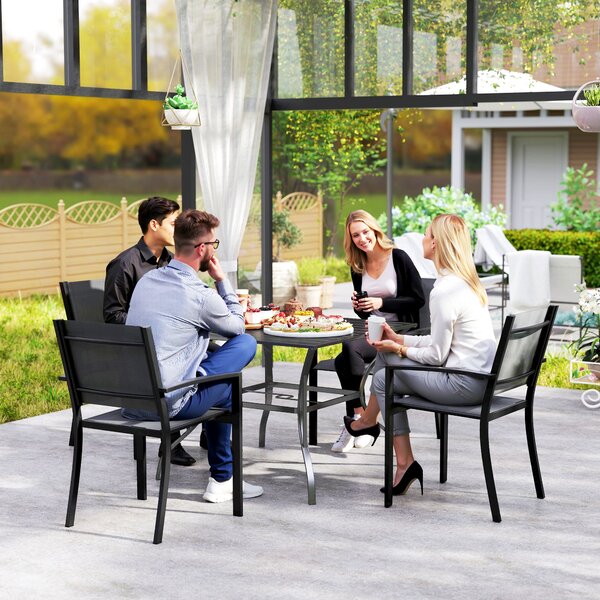 Outsunny 94x94cm Outdoor Dining Table, 4 Seater Garden Table with Parasol Hole, Slatted Metal Top, Weather Resistant Patio Table for Outdoor Use, Dark Grey Aosom UK