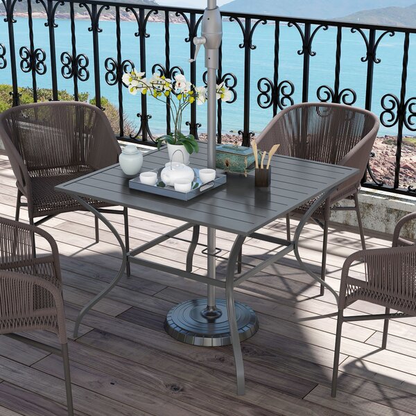 Outsunny 94x94cm Outdoor Dining Table, 4 Seater Garden Table with Parasol Hole, Slatted Metal Top, Weather Resistant Patio Table for Outdoor Use, Dark Grey Aosom UK