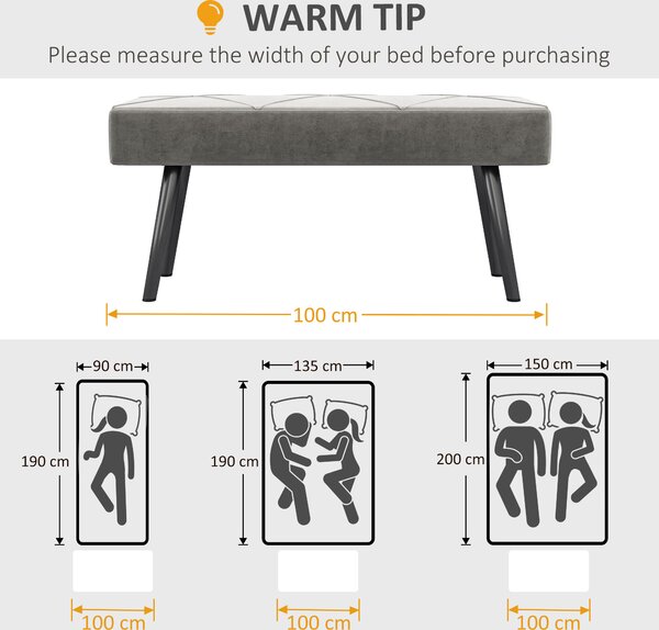 HOMCOM Upholstered End of Bed Bench, X-Shape Design with Steel Legs, Hallway Bedroom Bench, Grey Aosom UK