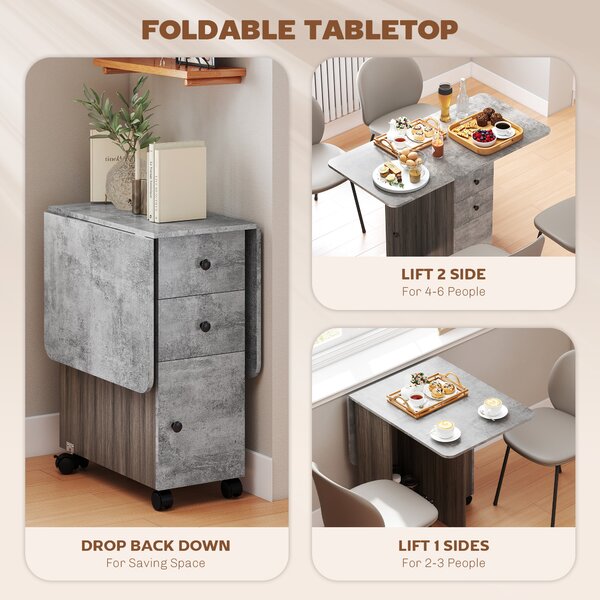 HOMCOM Foldable Dining Table, Drop Leaf Table with Drawers and Storage Cabinet