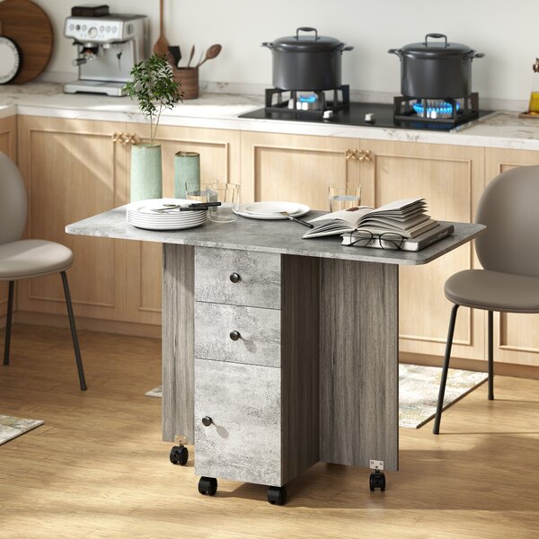 HOMCOM Foldable Dining Table, Drop Leaf Table with Drawers and Storage Cabinet
