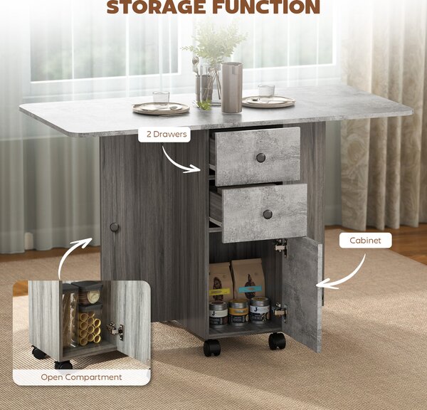 HOMCOM Foldable Dining Table, Drop Leaf Table with Drawers and Storage Cabinet