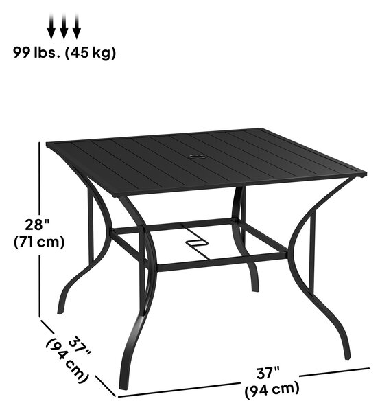 Outsunny Garden Table with Parasol Hole, Outdoor Dining Garden Table for Four, Square Patio Table with Slatted Metal Plate Top, Black