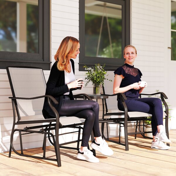 Outsunny Garden Double Glider Rocking Chairs Gliding Love Seat with Middle Table Conversation Set Patio Backyard Relax Outdoor Furniture Beige