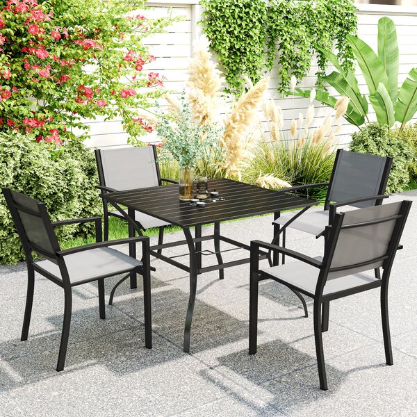 Outsunny Garden Table with Parasol Hole, Outdoor Dining Garden Table for Four, Square Patio Table with Slatted Metal Plate Top, Black