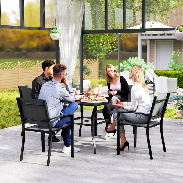 Outsunny Garden Table with Parasol Hole, Outdoor Dining Garden Table for Four, Square Patio Table with Slatted Metal Plate Top, Black