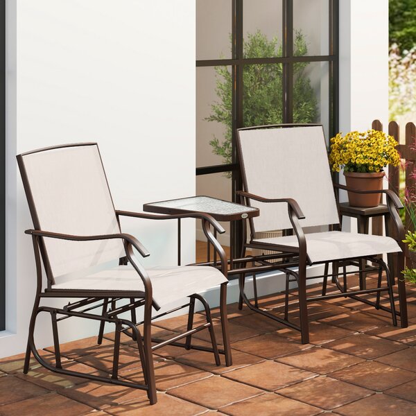 Outsunny Garden Double Glider Rocking Chairs Gliding Love Seat with Middle Table Conversation Set Patio Backyard Relax Outdoor Furniture Beige