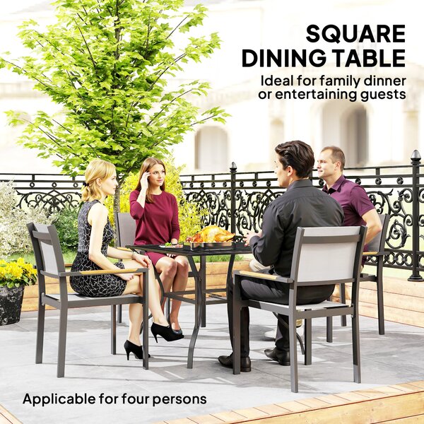 Outsunny Garden Table with Parasol Hole, Outdoor Dining Garden Table for Four, Square Patio Table with Slatted Metal Plate Top, Black