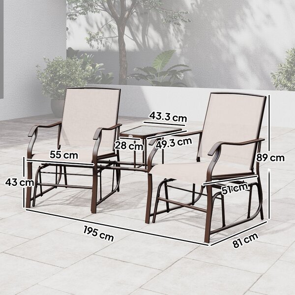 Outsunny Garden Double Glider Rocking Chairs Gliding Love Seat with Middle Table Conversation Set Patio Backyard Relax Outdoor Furniture Beige