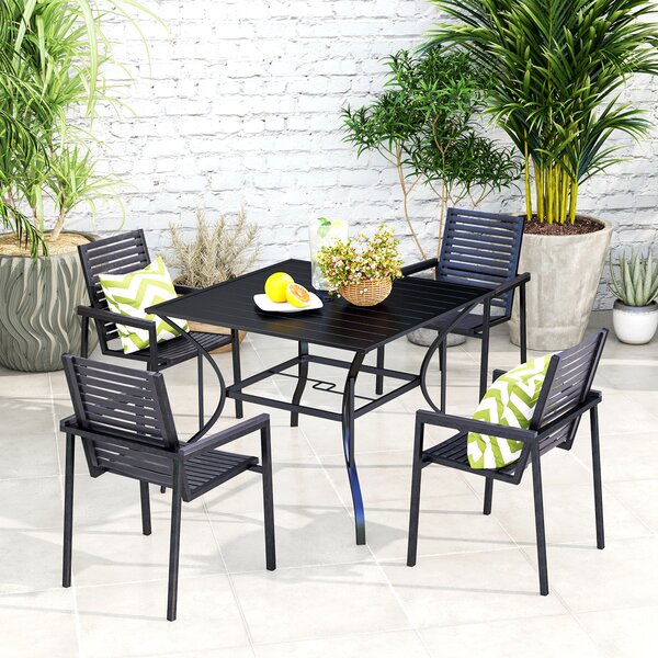 Outsunny Garden Table with Parasol Hole, Outdoor Dining Garden Table for Four, Square Patio Table with Slatted Metal Plate Top, Black