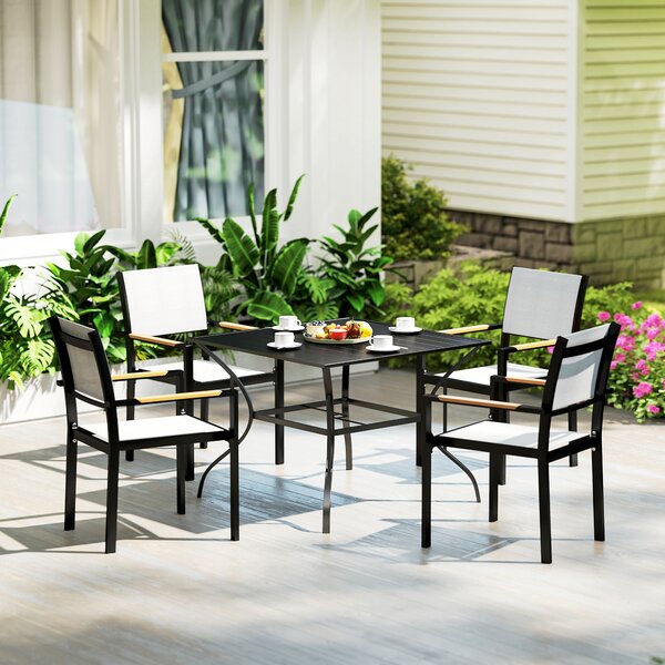 Outsunny Garden Table with Parasol Hole, Outdoor Dining Garden Table for Four, Square Patio Table with Slatted Metal Plate Top, Black