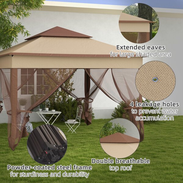 Outsunny 3 x 3m Pop Up Gazebo, Double-roof Garden Tent with Netting and Carry Bag, Party Event Shelter for Outdoor Patio, Khaki Aosom UK