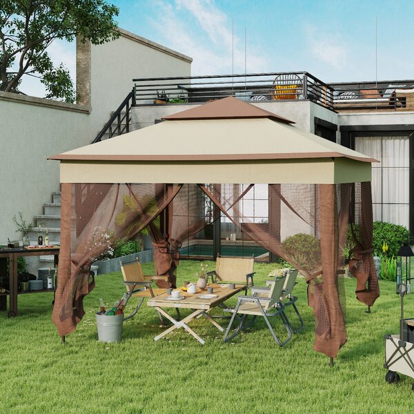 Outsunny 3 x 3m Pop Up Gazebo, Double-roof Garden Tent with Netting and Carry Bag, Party Event Shelter for Outdoor Patio, Khaki Aosom UK