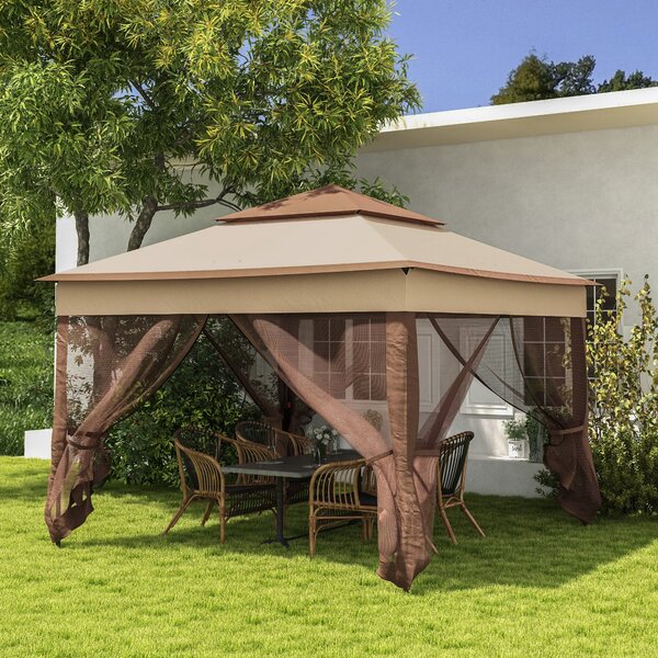Outsunny 3 x 3m Pop Up Gazebo, Double-roof Garden Tent with Netting and Carry Bag, Party Event Shelter for Outdoor Patio, Khaki Aosom UK