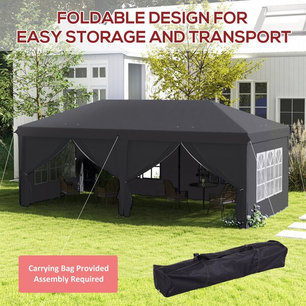 Outsunny 3 x 6m Metal Frame Gazebo, Portable Pop Up Canopy Tent with Sidewalls, Windows & Storage Bag, Grey Aosom UK