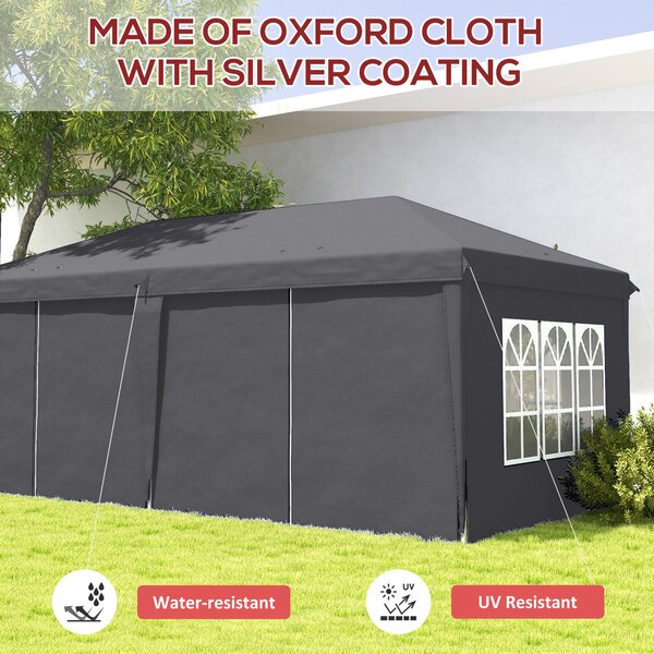 Outsunny 3 x 6m Metal Frame Gazebo, Portable Pop Up Canopy Tent with Sidewalls, Windows & Storage Bag, Grey Aosom UK