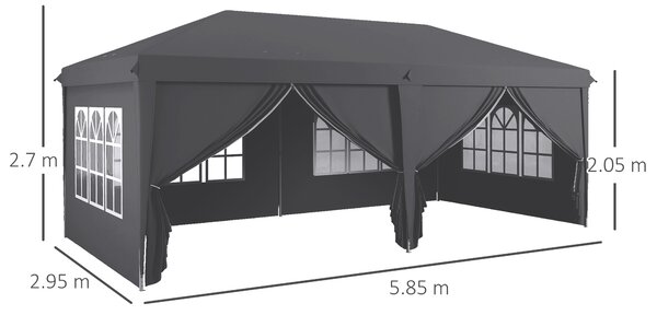 Outsunny 3 x 6m Metal Frame Gazebo, Portable Pop Up Canopy Tent with Sidewalls, Windows & Storage Bag, Grey Aosom UK