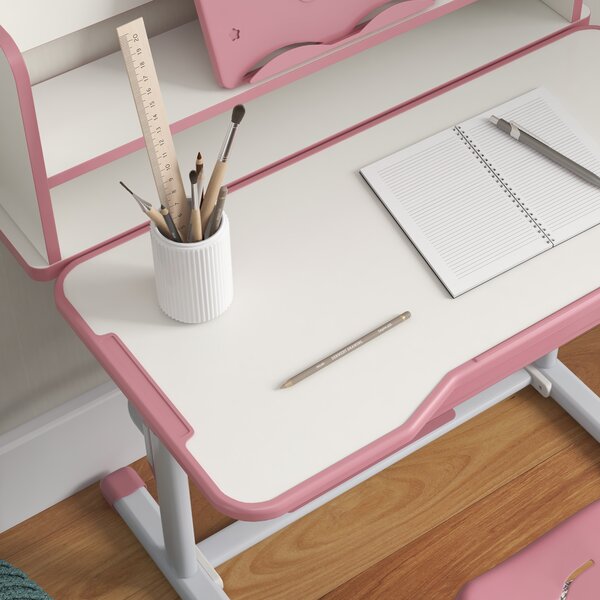 ZONEKIZ Height Adjustable Kids Study Table and Chair Set, with Drawer, Storage Shelf, 80 x 54.5 x 104 cm, Pink Aosom UK
