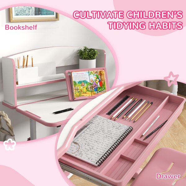 ZONEKIZ Height Adjustable Kids Study Table and Chair Set, with Drawer, Storage Shelf, 80 x 54.5 x 104 cm, Pink Aosom UK