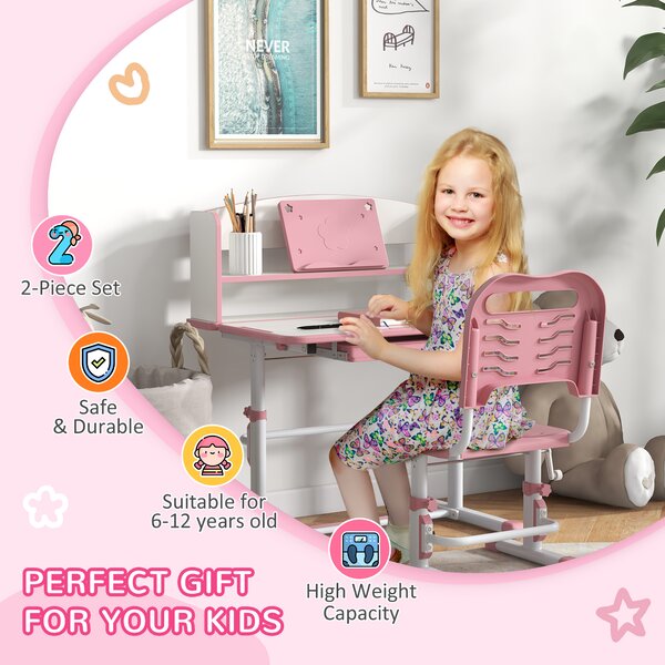 ZONEKIZ Height Adjustable Kids Study Table and Chair Set, with Drawer, Storage Shelf, 80 x 54.5 x 104 cm, Pink Aosom UK