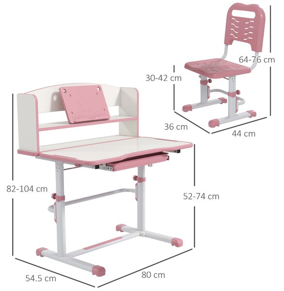 ZONEKIZ Height Adjustable Kids Study Table and Chair Set, with Drawer, Storage Shelf, 80 x 54.5 x 104 cm, Pink Aosom UK