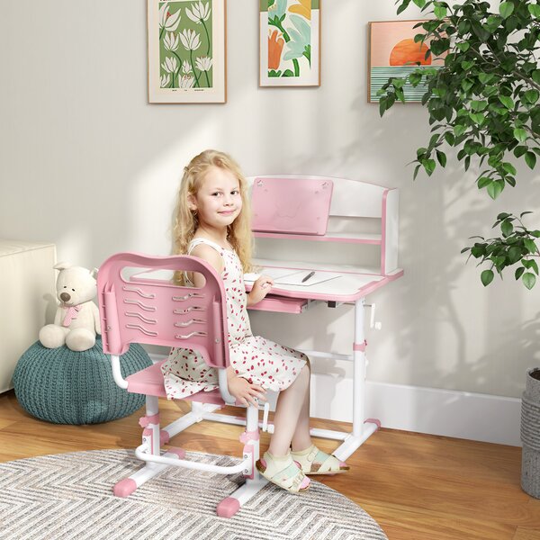 ZONEKIZ Height Adjustable Kids Study Table and Chair Set, with Drawer, Storage Shelf, 80 x 54.5 x 104 cm, Pink Aosom UK