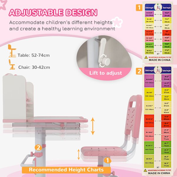 ZONEKIZ Height Adjustable Kids Study Table and Chair Set, with Drawer, Storage Shelf, 80 x 54.5 x 104 cm, Pink Aosom UK