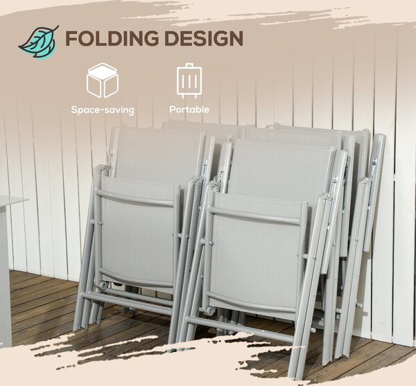Outsunny 7 Piece Garden Dining Set, Outdoor Table and 6 Folding and Reclining Chairs, Aluminium Frame, Tempered Glass Top Table, Texteline Seats, Grey