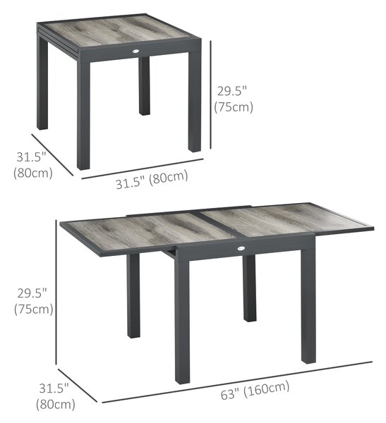 Outsunny Extending Garden Table, Outdoor Dining Table for 6, Aluminium Frame Patio Table w/ Plastic Board Tabletop,80/160L x 80W x 75H