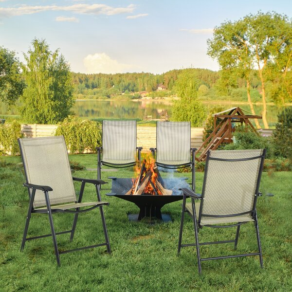 Outsunny Set of 4 Folding Garden Chairs, Metal Frame with Breathable Mesh Seat, Outdoor Patio Dining Chair, Beige Aosom UK