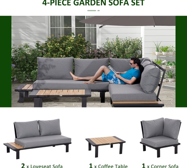 Outsunny 4 Pieces Aluminium Garden Furniture Set L Shape Sofa Set with Tables, Cushions for Indoor, Garden, Patio, Dark Grey