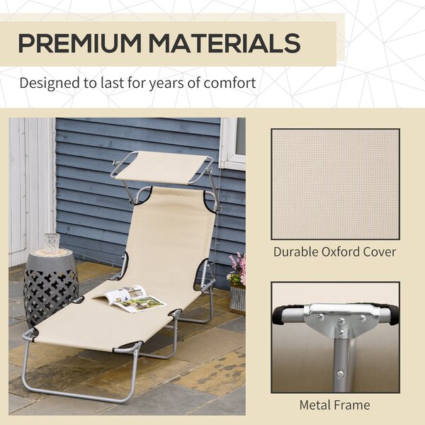 Outsunny Sun Lounger with Reclining Back, Folding Design & Sun Shade, Ideal for Garden & Beach, Beige Aosom UK