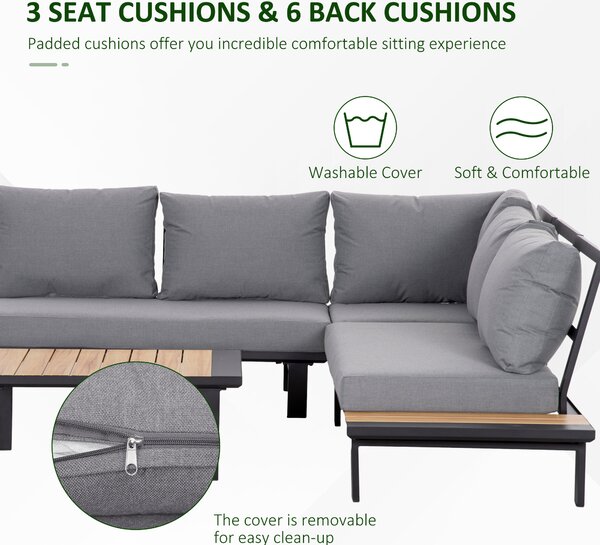 Outsunny 4 Pieces Aluminium Garden Furniture Set L Shape Sofa Set with Tables, Cushions for Indoor, Garden, Patio, Dark Grey