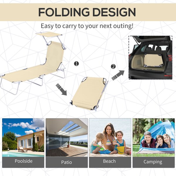 Outsunny Sun Lounger with Reclining Back, Folding Design & Sun Shade, Ideal for Garden & Beach, Beige Aosom UK