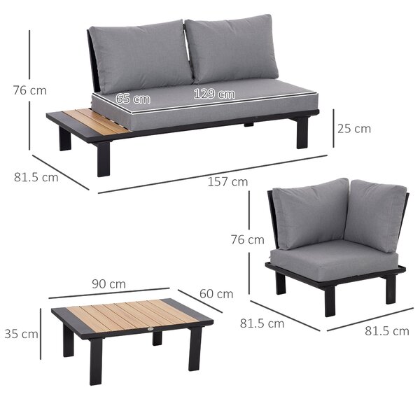 Outsunny 4 Pieces Aluminium Garden Furniture Set L Shape Sofa Set with Tables, Cushions for Indoor, Garden, Patio, Dark Grey