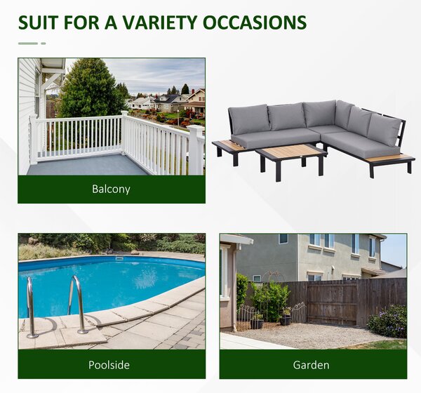 Outsunny 4 Pieces Aluminium Garden Furniture Set L Shape Sofa Set with Tables, Cushions for Indoor, Garden, Patio, Dark Grey