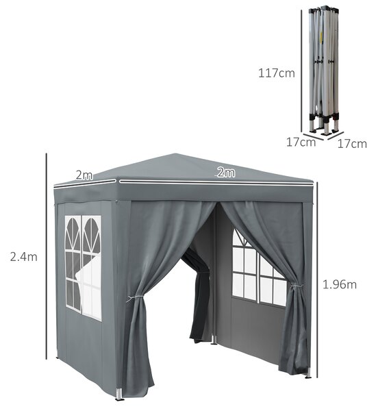 Outsunny 2 x 2m Pop Up Gazebo with Sides, Metal Frame Waterproof Marquee Party Tent Canopy with Free Carrying Case, Grey Aosom UK