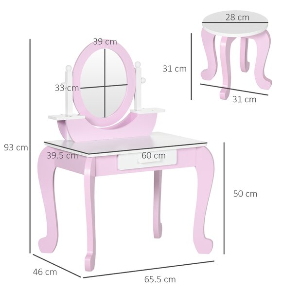 ZONEKIZ Kids Dressing Table Set Kids Vanity Set Girl Makeup Desk with Mirror Stool Drawer Round Legs for 3-6 Years Old, Pink